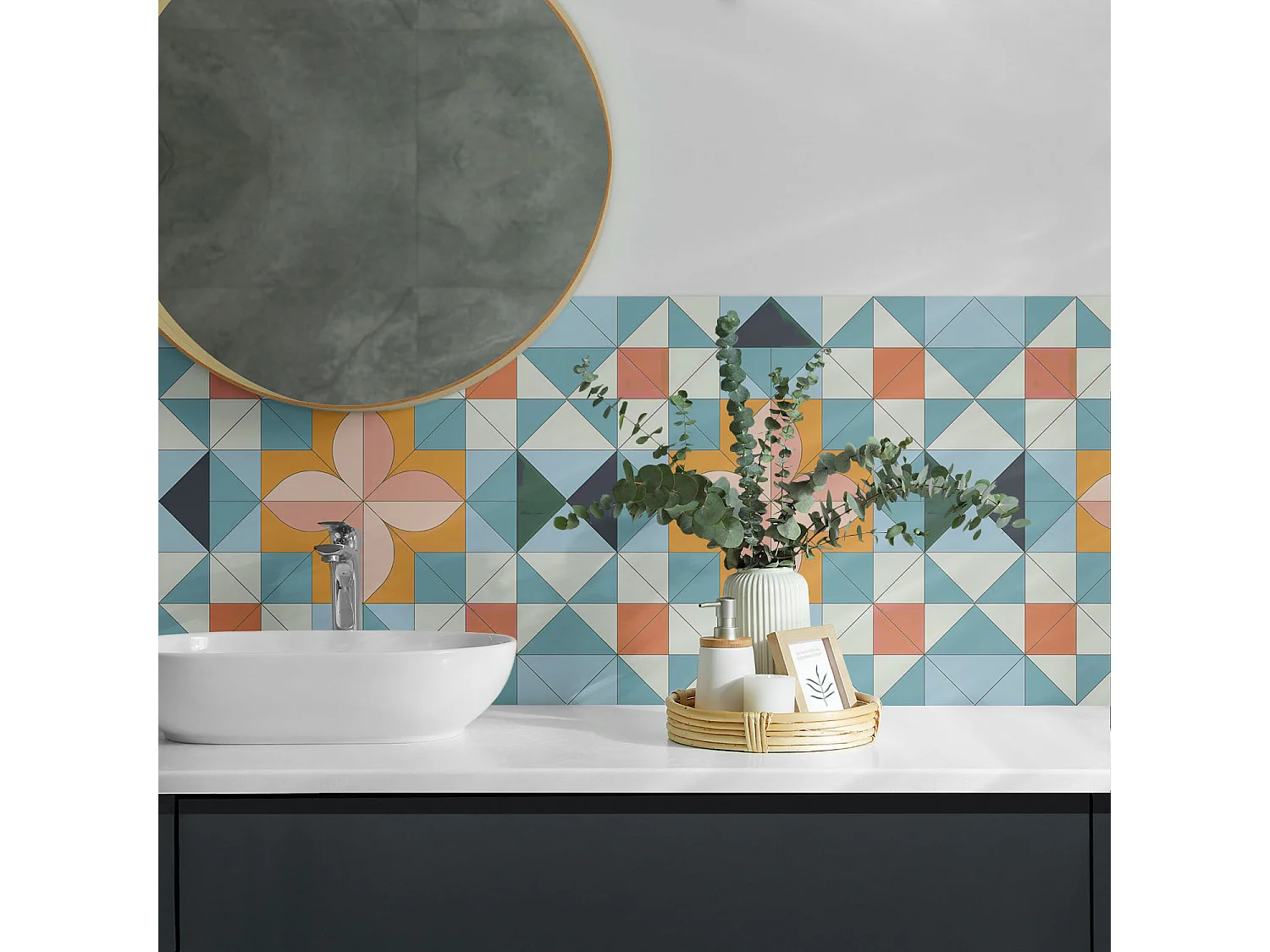 Panneaux muraux autocollants en vinyle imperméable - 4 x 50 x 50 cm - Motif géométrique avec une fleur