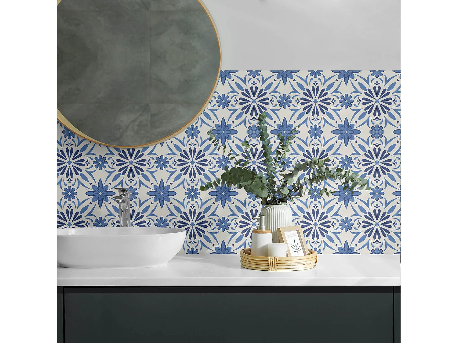 Panneaux muraux autocollants en vinyle imperméable - 10x40x20 cm - Motif floral sur le fond