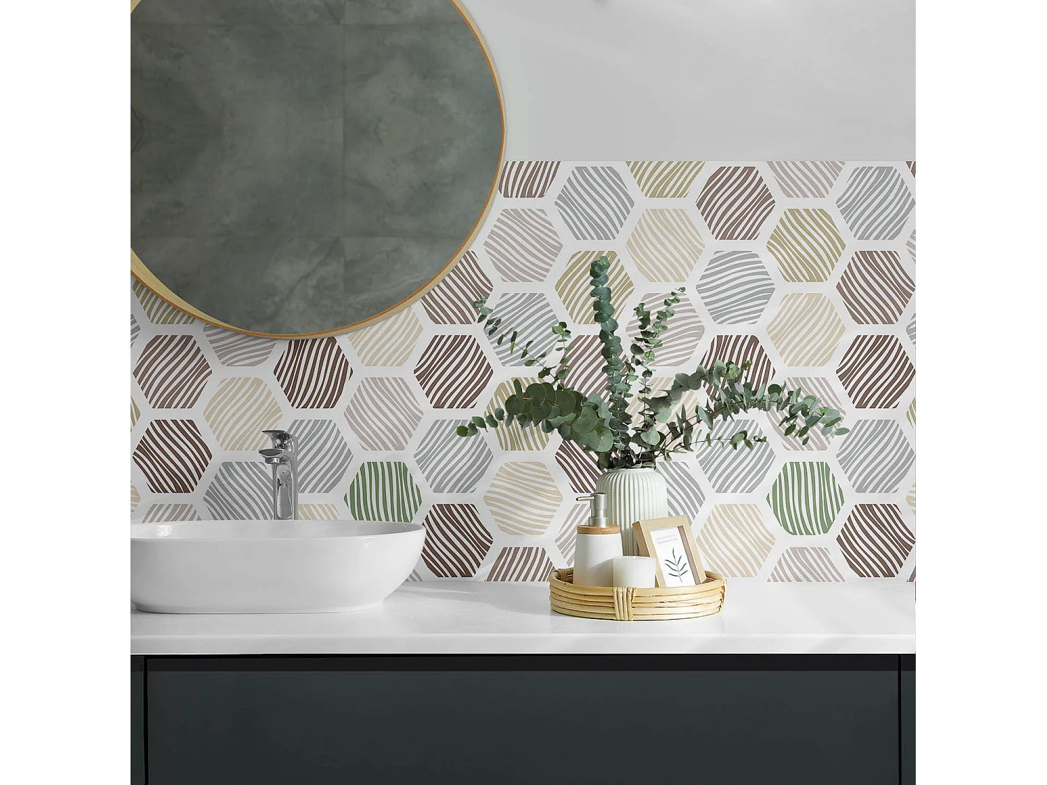 Panneaux muraux autocollants en vinyle imperméable - 120x60 cm - Modèle hexagonal avec des lignes