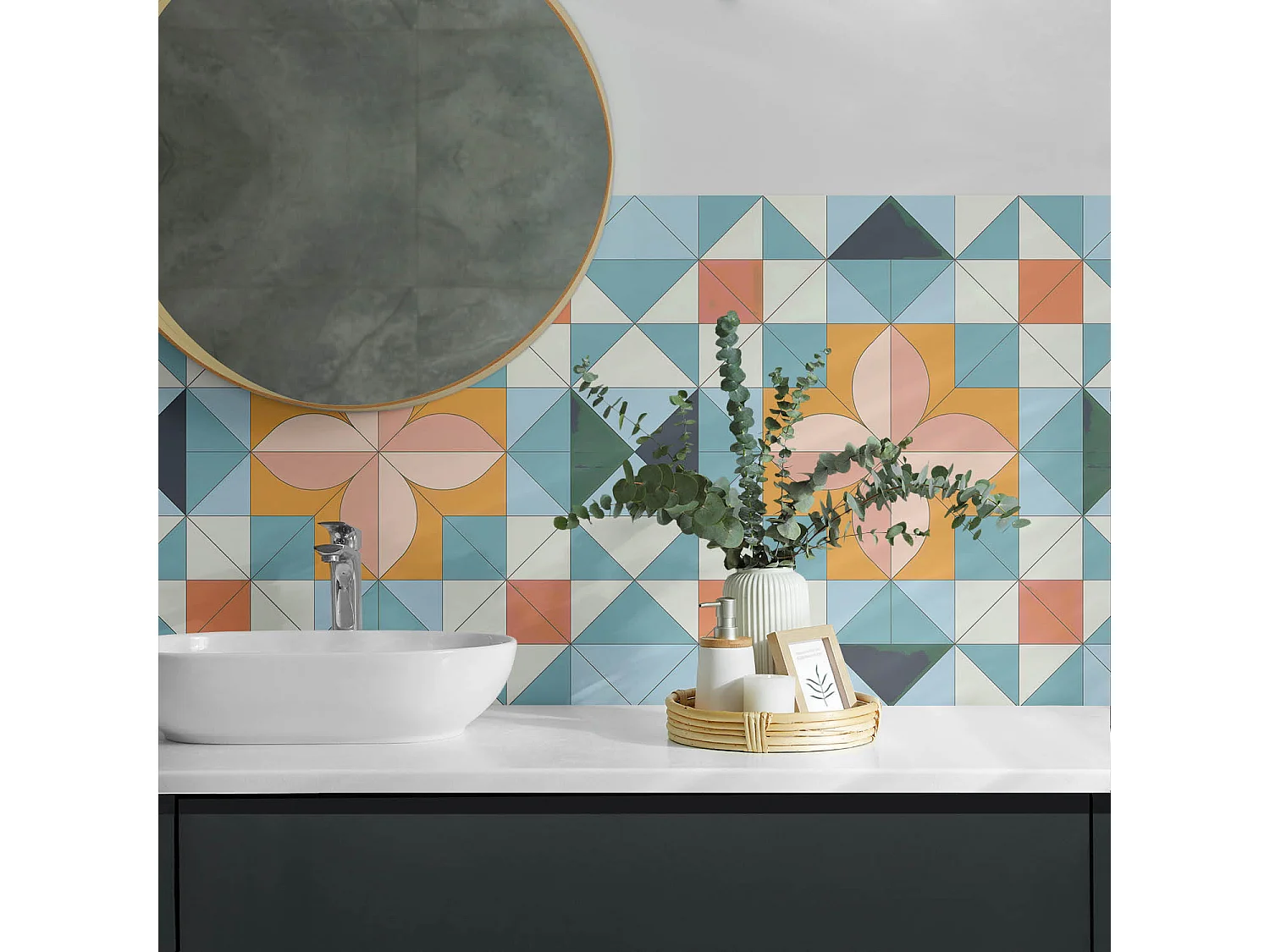 PVC wandpaneel, Vinyl wandverkleidung selbstklebend- 120x60 cm - Geometrisches Muster mit einer Blume