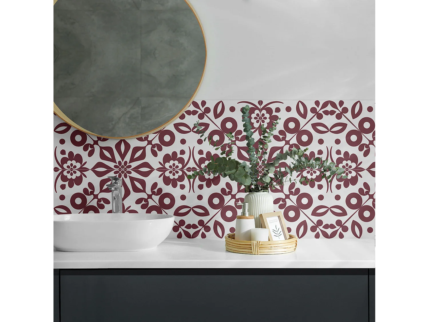 Panneaux muraux autocollants en vinyle imperméable - 4 x 50 x 50 cm - Motif floral avec des feuilles