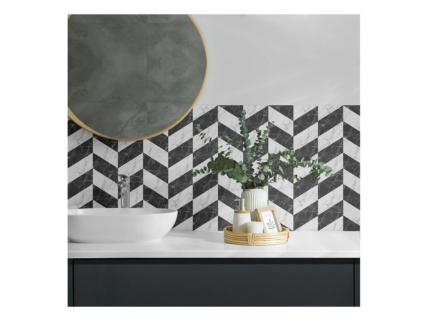 Wandpaneel selbstklebend, Wandverkleidung innen - 4 x 50 x 50 cm - Marmor-Fischgrätenmuster