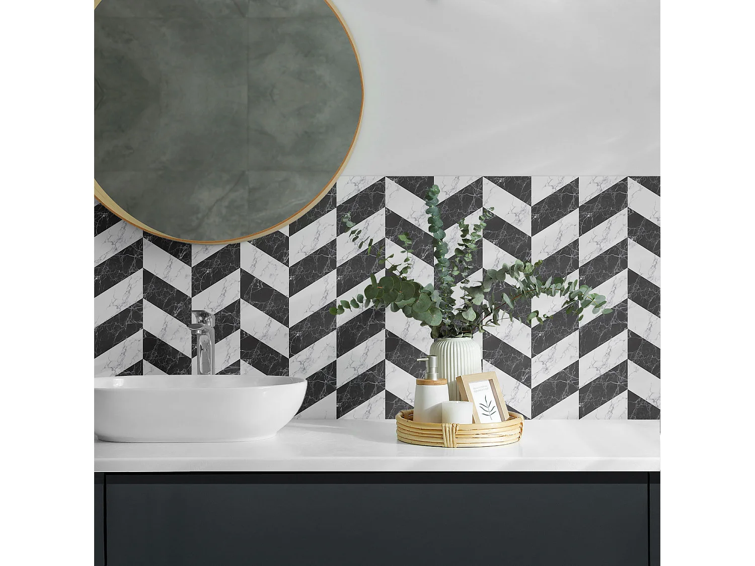 Wandpaneel selbstklebend, Wandverkleidung innen - 4 x 50 x 50 cm - Marmor-Fischgrätenmuster