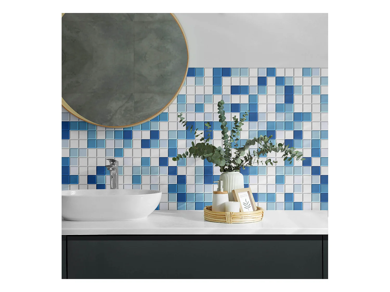 Panneaux muraux autocollants en vinyle imperméable - 120x60 cm - Mosaïque dans les tons de bleu