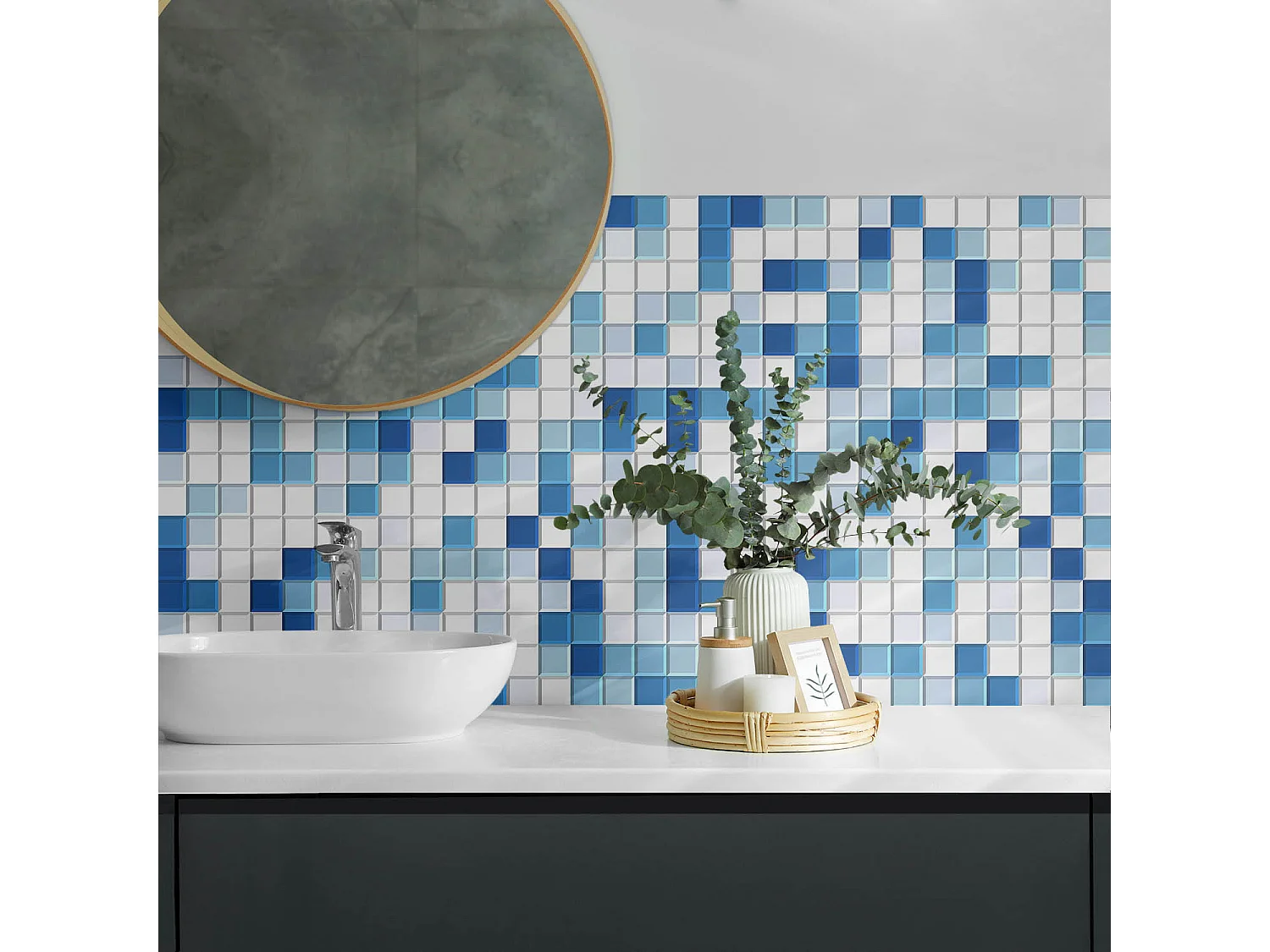 Panneaux muraux autocollants en vinyle imperméable - 120x60 cm - Mosaïque dans les tons de bleu