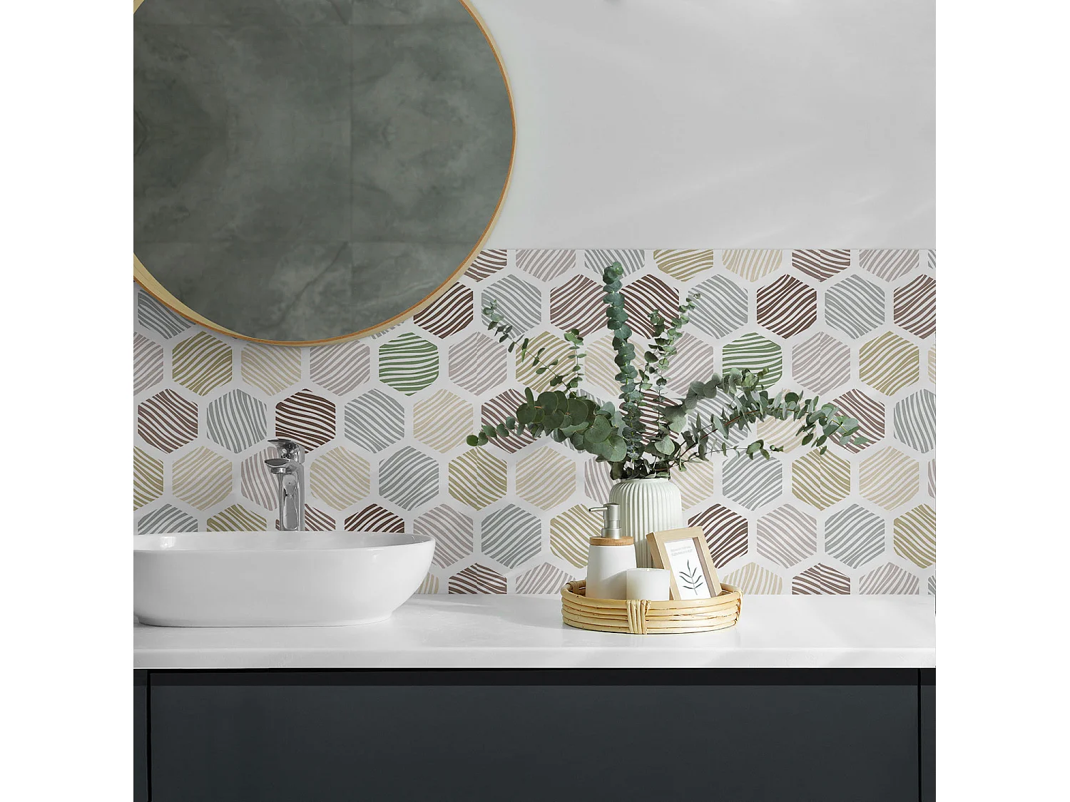 Wandpaneel selbstklebend, Wandverkleidung innen - 4 x 50 x 50 cm - Sechseckiges Muster mit Linien