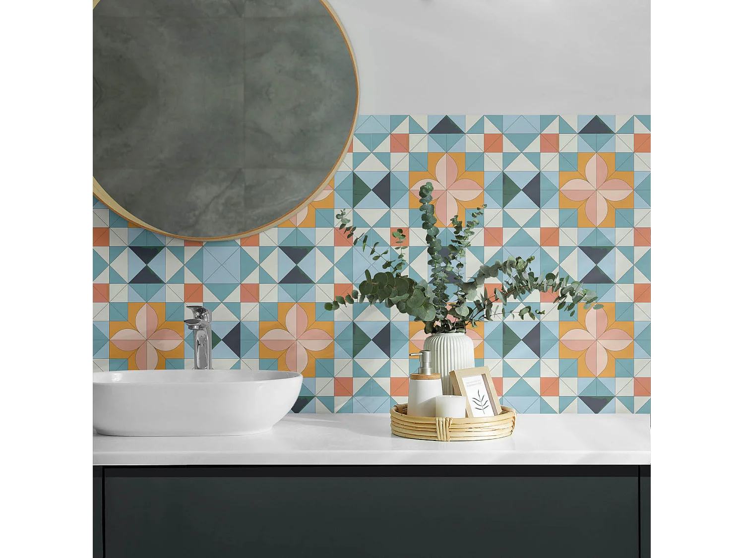 Wandpaneel selbstklebend, Wandverkleidung innen - 6x60x30 cm - Geometrisches Muster mit einer Blume