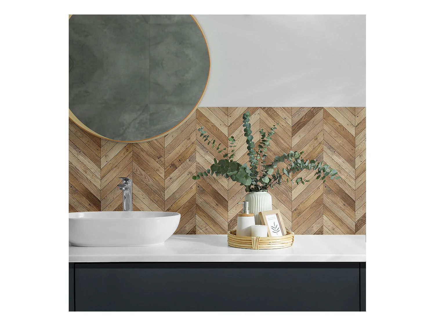 Wandpaneel selbstklebend, Wandverkleidung innen - 4 x 50 x 50 cm - Fischgrätenmuster aus Holz