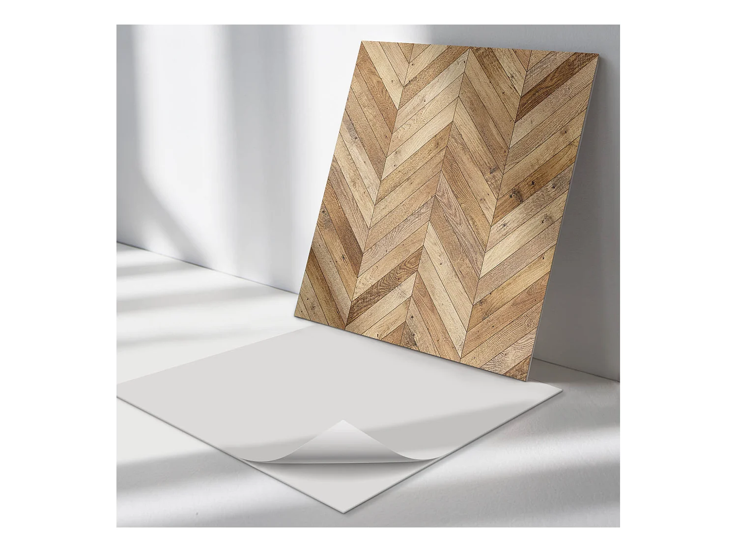 Panneaux muraux autocollants en vinyle imperméable - 4 x 50 x 50 cm - Motif à chevrons en bois