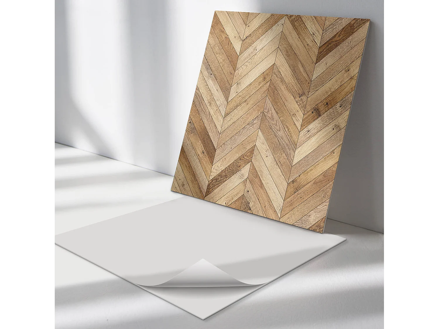 Panneaux muraux autocollants en vinyle imperméable - 4 x 50 x 50 cm - Motif à chevrons en bois