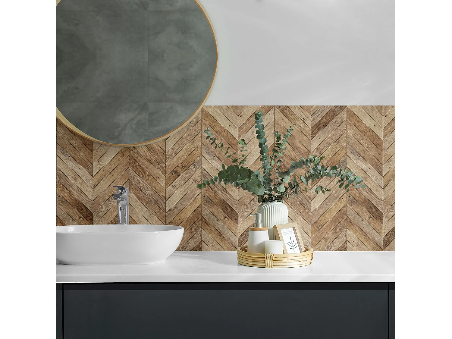 Panneaux muraux autocollants en vinyle imperméable - 4 x 50 x 50 cm - Motif à chevrons en bois