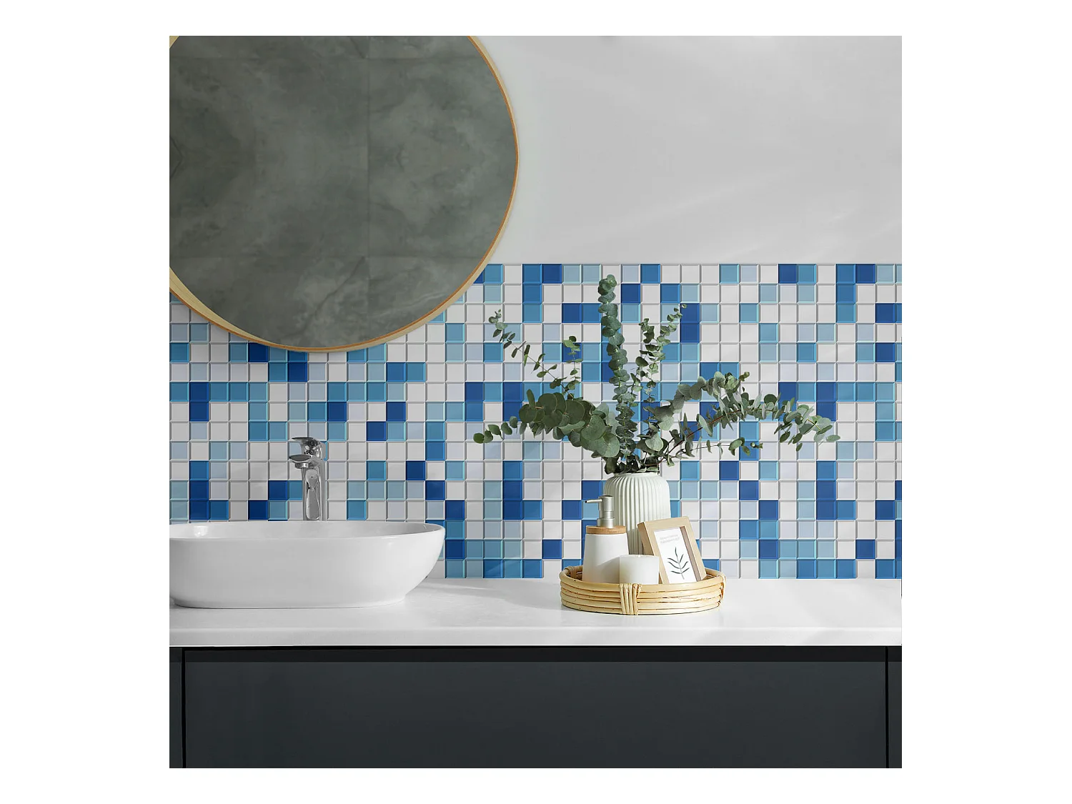 Wandpaneel selbstklebend, Wandverkleidung innen - 4 x 50 x 50 cm - Mosaik in Blautönen