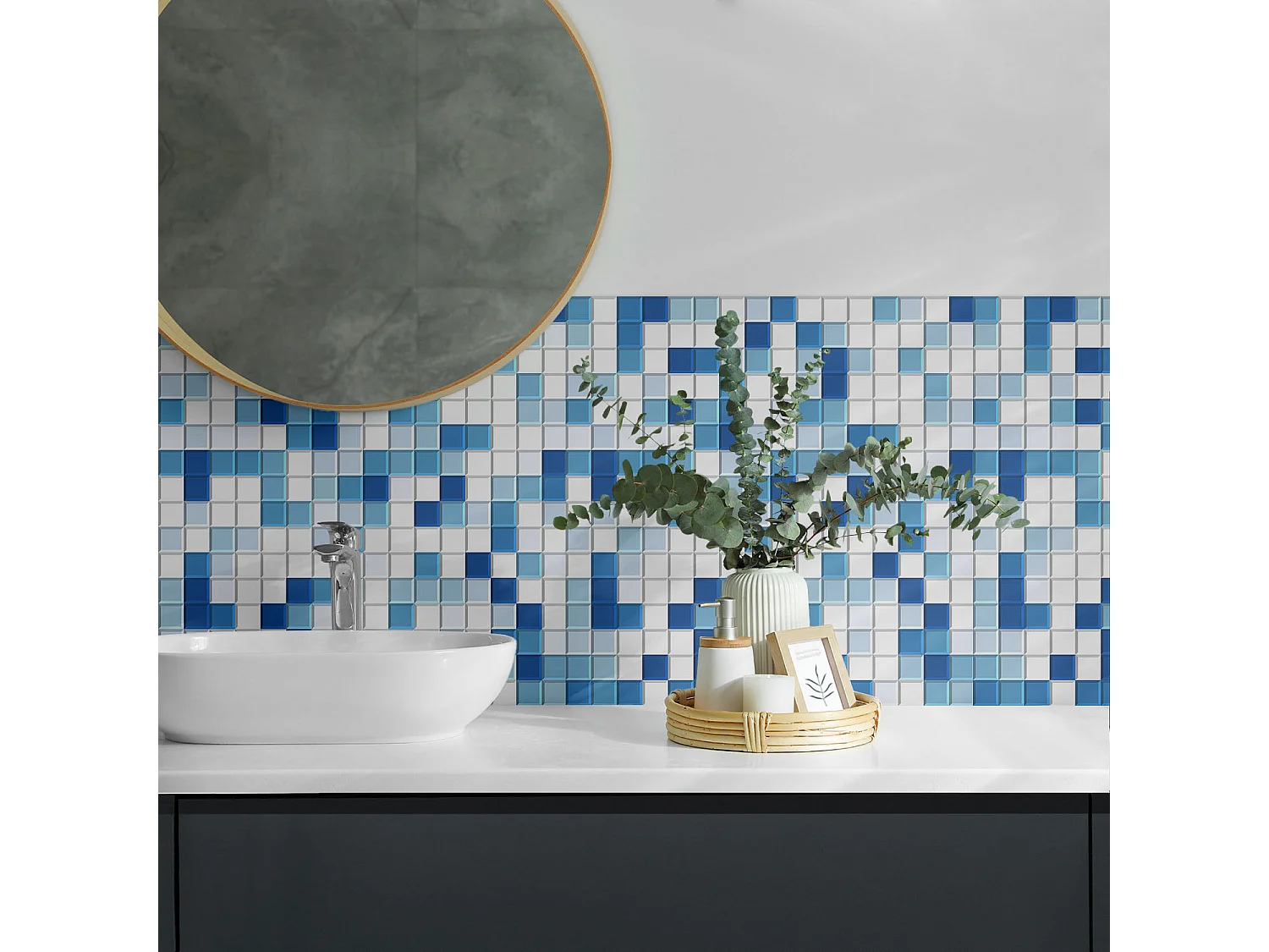 Panneaux muraux autocollants en vinyle imperméable - 4 x 50 x 50 cm - Mosaïque dans les tons de bleu