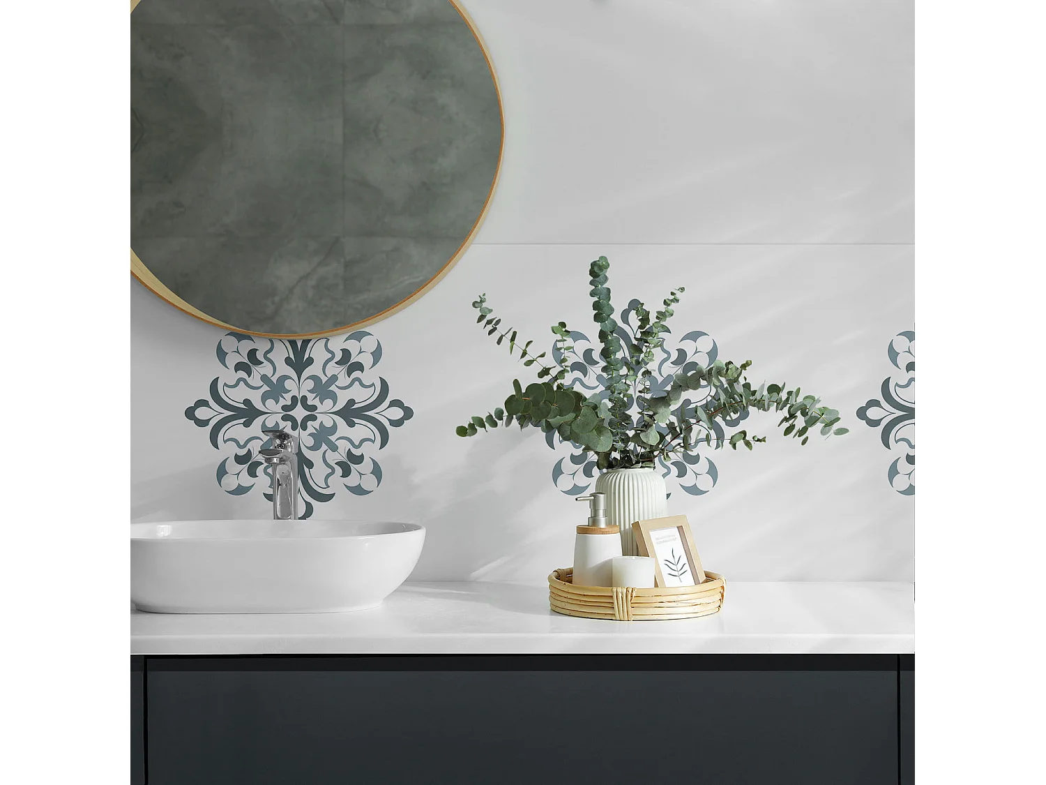 Panneaux muraux autocollants en vinyle imperméable - 4 x 50 x 50 cm - Motif floral en symétrie