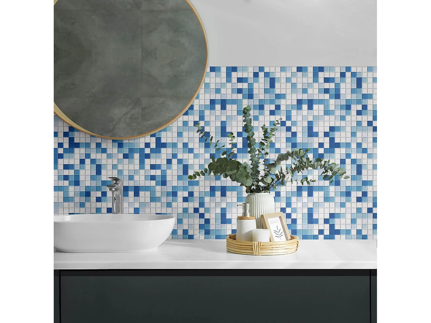 Panneaux muraux autocollants en vinyle imperméable - 6x60x30 cm - Mosaïque dans les tons de bleu