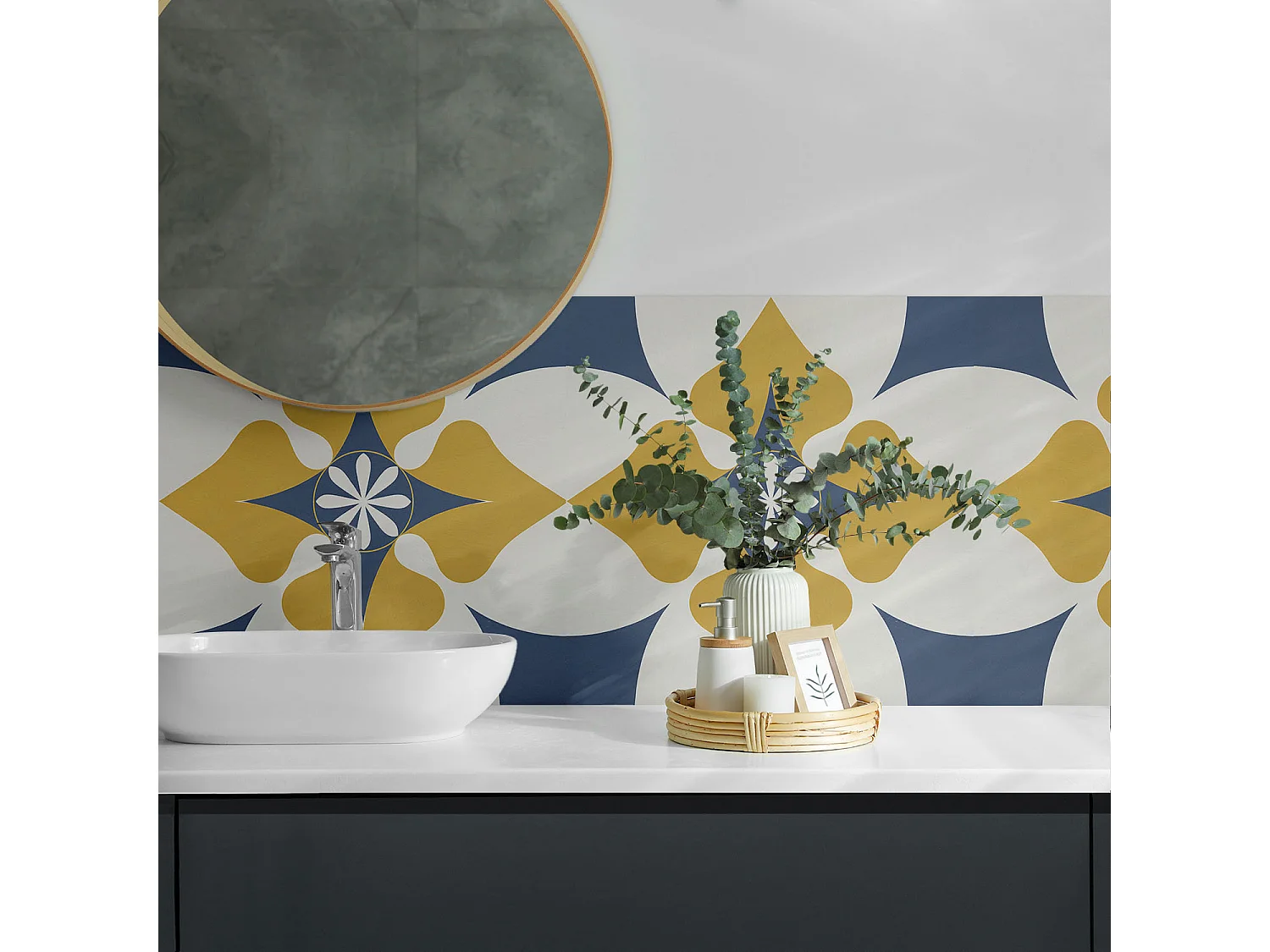 Panneaux muraux autocollants en vinyle imperméable - 4 x 50 x 50 cm - Motif floral avec symétrie