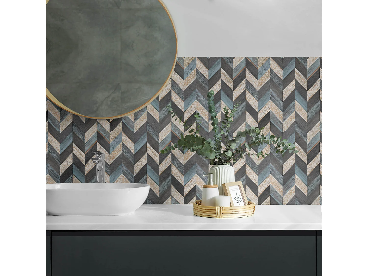 Panneaux muraux autocollants en vinyle imperméable - 6x60x30 cm - Modèle en zigzag avec du bois