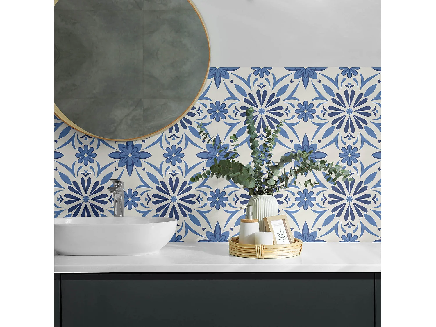 Panneaux muraux autocollants en vinyle imperméable - 6x60x30 cm - Motif floral sur le fond