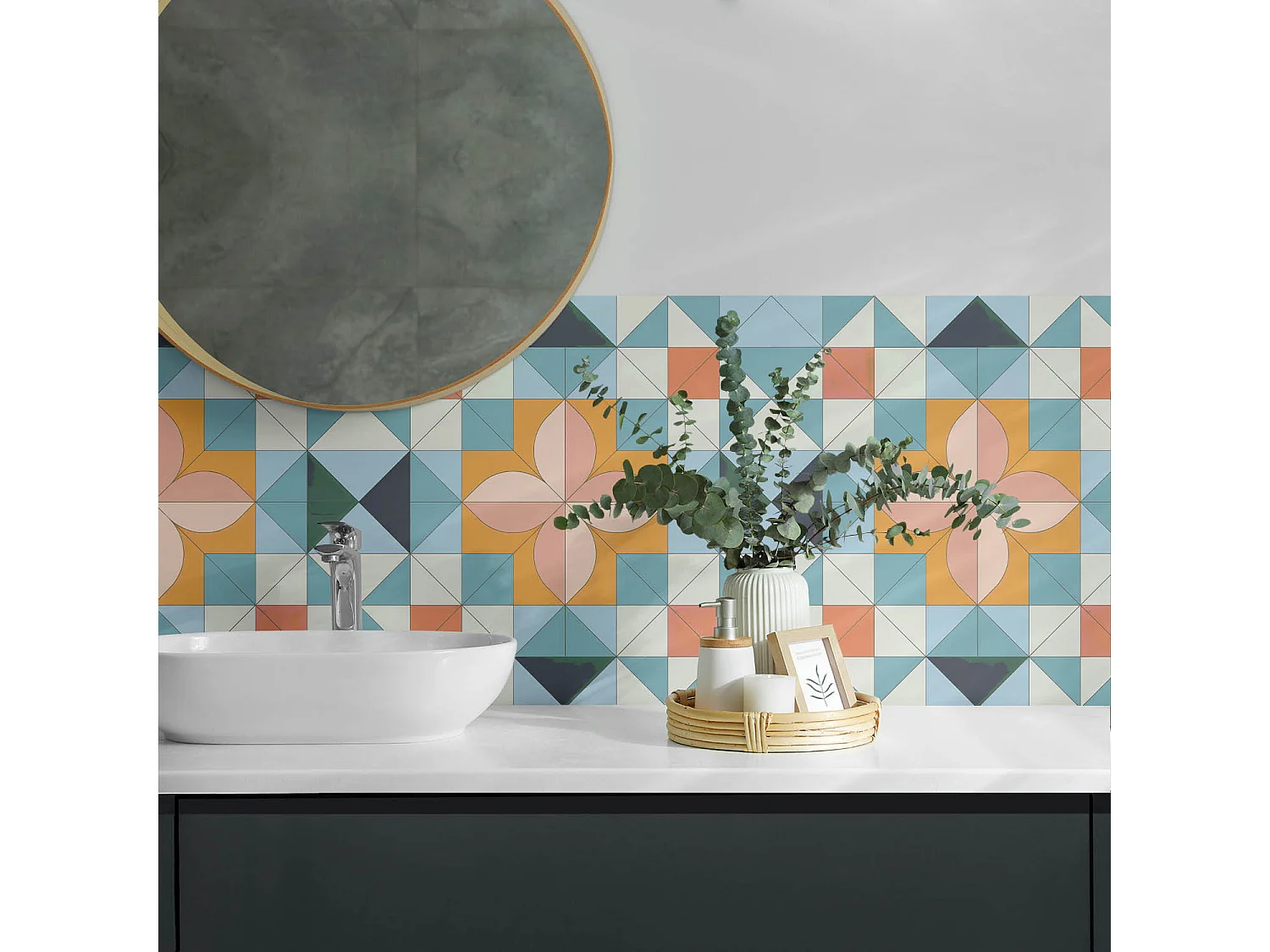 Wandpaneel selbstklebend, Wandverkleidung innen - 100x50 cm - Geometrisches Muster mit einer Blume