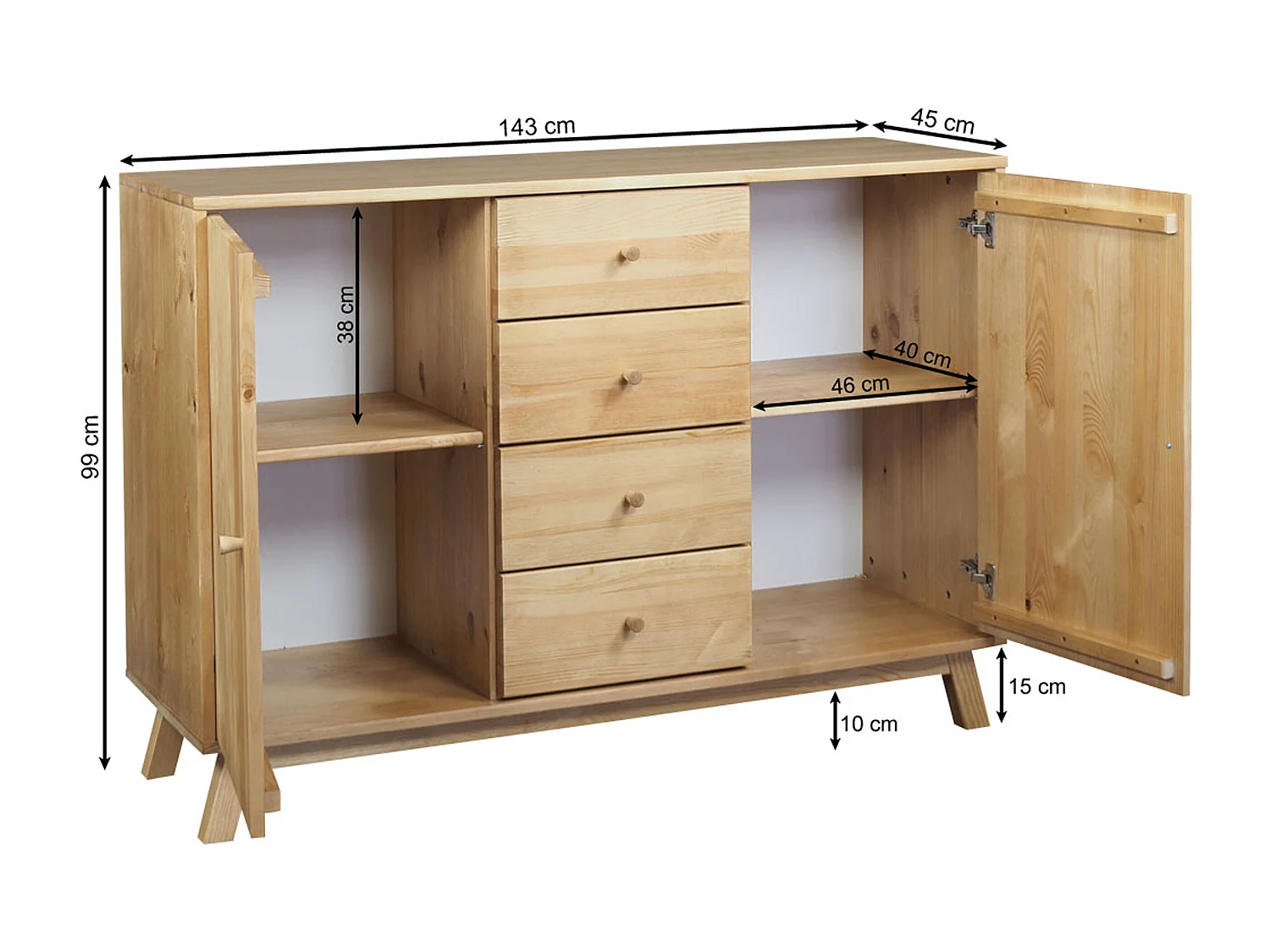 Komoda drewniana 143 cm Oregon, 4 szuflady 2 drzwi,  kolor dębowy