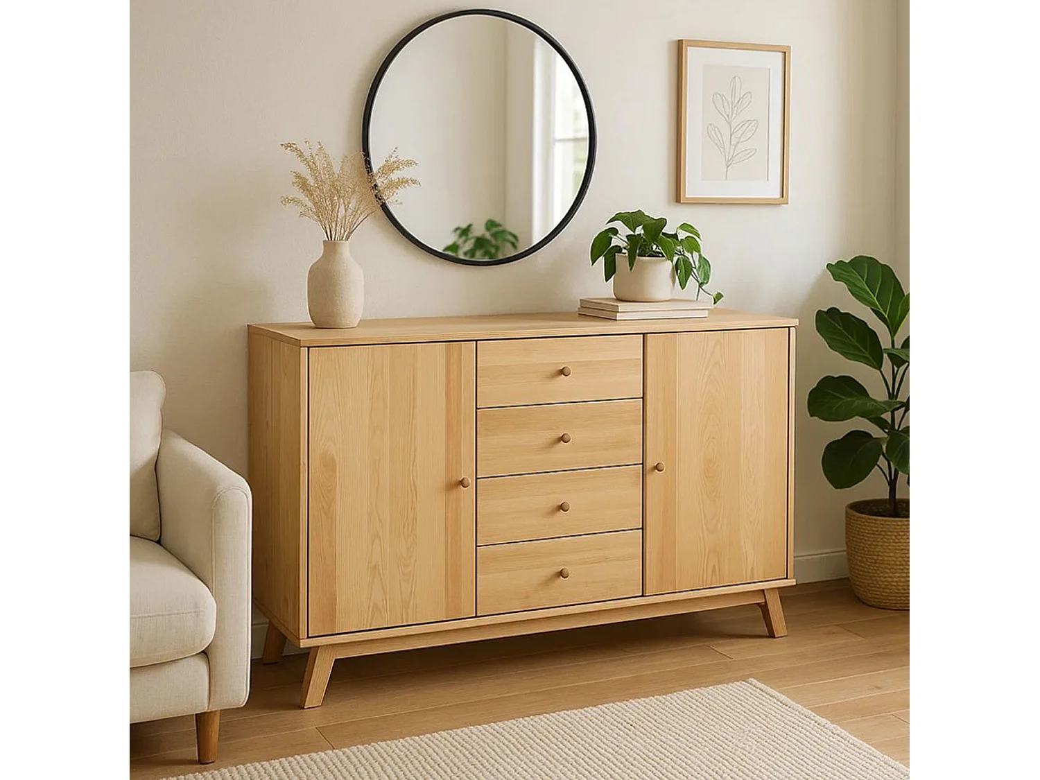 Komoda drewniana 143 cm Oregon, 4 szuflady 2 drzwi,  kolor dębowy