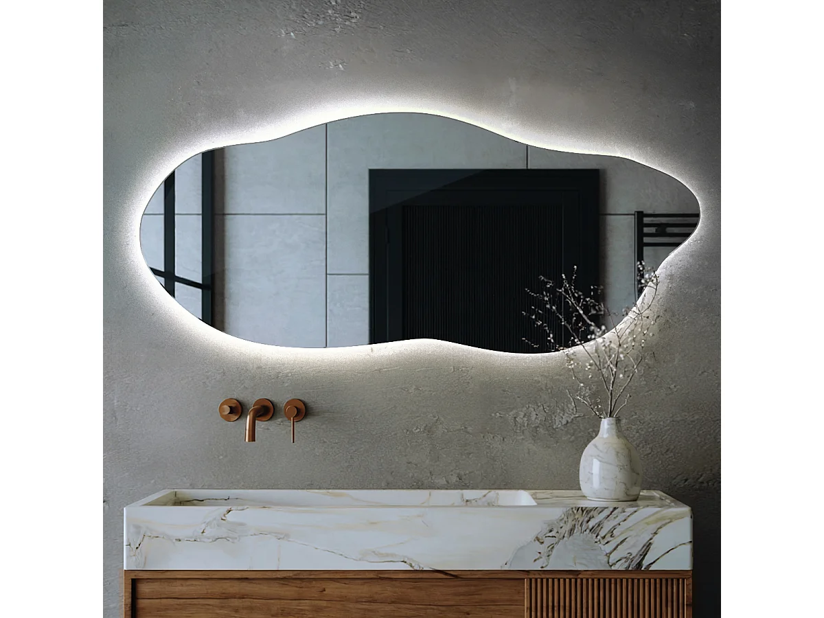 Miroir LED lumière froide, irrégulier - 40 x 90 cm - Forme originale et unique - Lumière douce et élégante