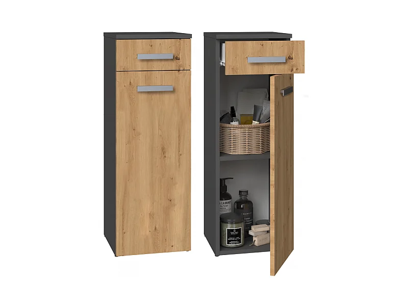 Słupek Łazienkowy Nel V DS | Antracyt/ Dąb Artisan | 30x30x85 cm |  1 Drzwiczki, 1 Szuflada