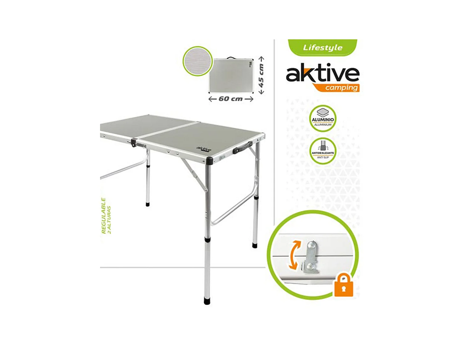 Mesa plegable para camping Aktive Camping gris 40-70x90x60 cm