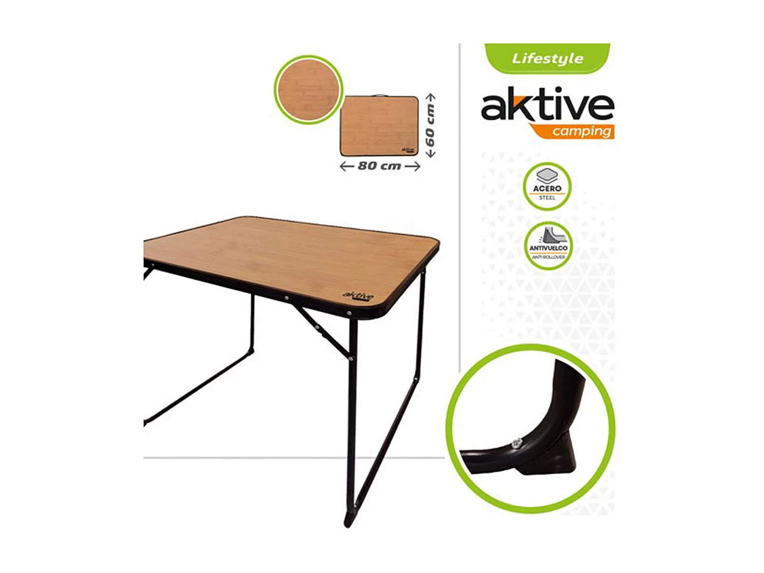 Mesa plegable para camping Aktive Camping efecto bambú 67x80x60 cm