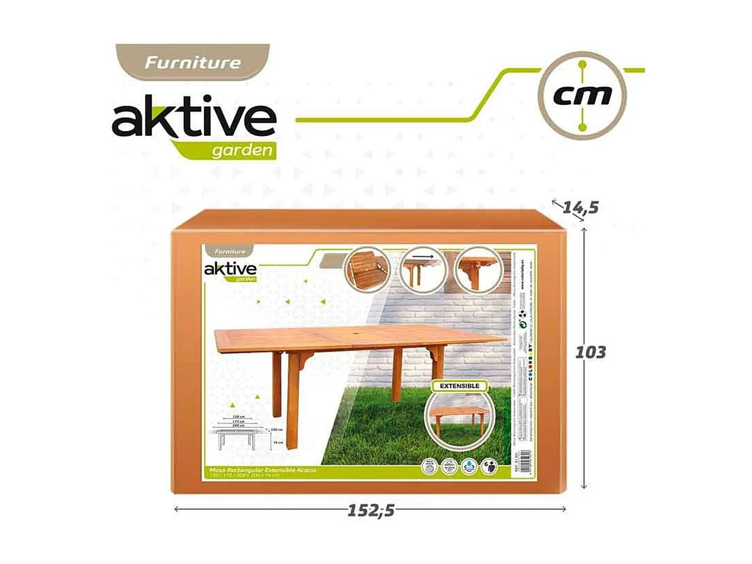 Mesa de jardín rectangular Aktive Garden extensible natural 74x150/175/200x100 cm