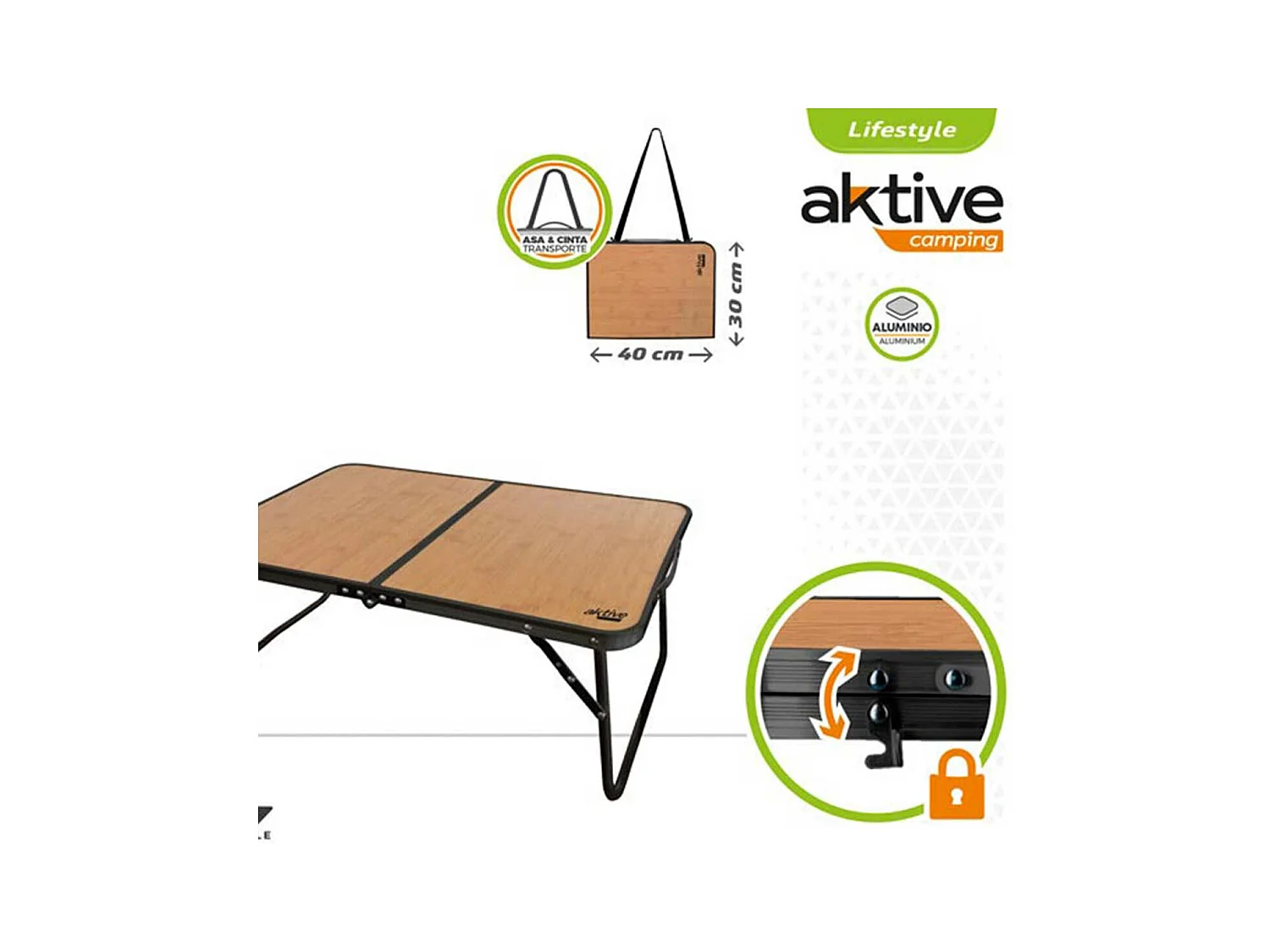 Mesa plegable para camping Aktive Camping efecto bambú 40x60,5x25,5 cm