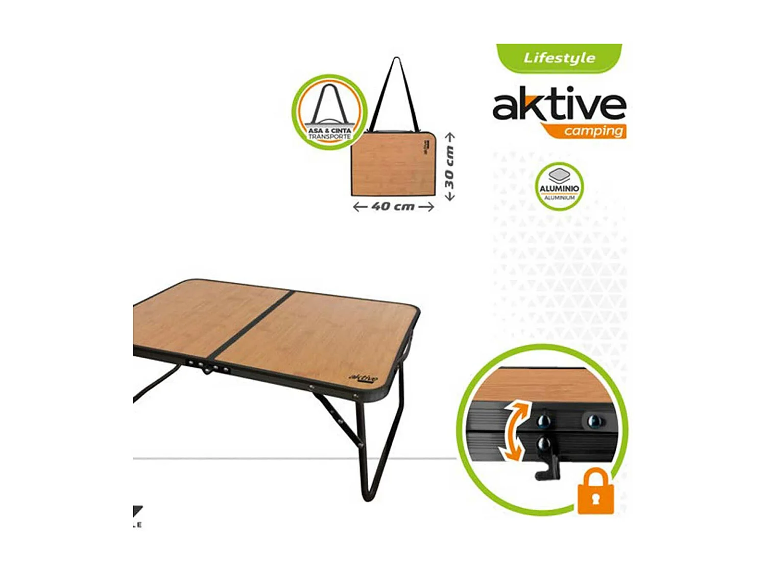 Mesa plegable para camping Aktive Camping efecto bambú 40x60,5x25,5 cm
