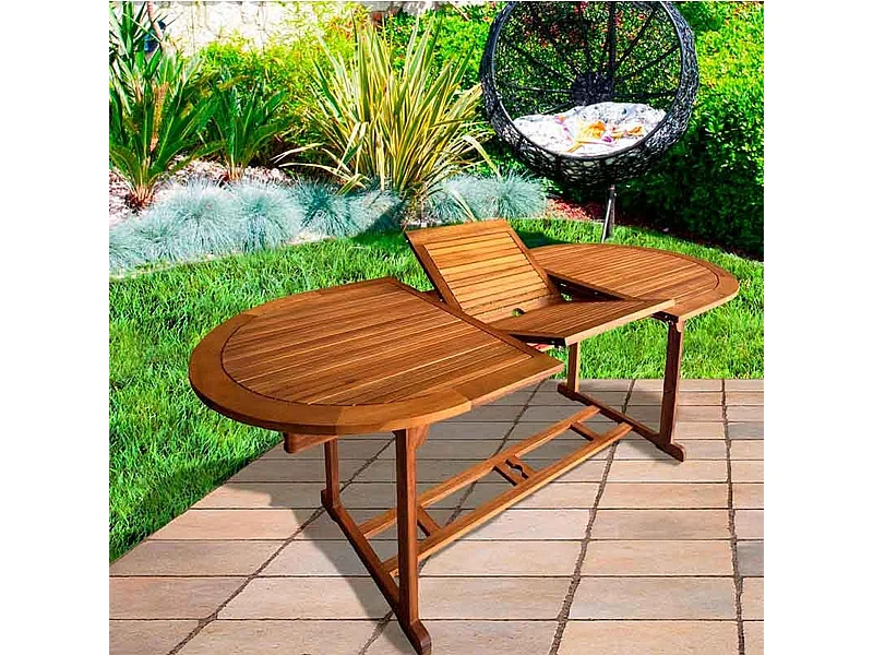 Mesa ovalada de exterior Aktive Garden extensible con agujero de sombrilla natural 74x150-200x90 cm