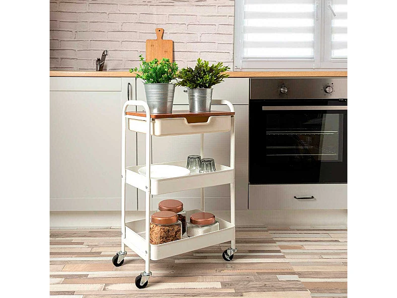 Carrito multiusos Garbo Quid 3 niveles con ruedas blanco/natural 75x46,5x30,5 cm