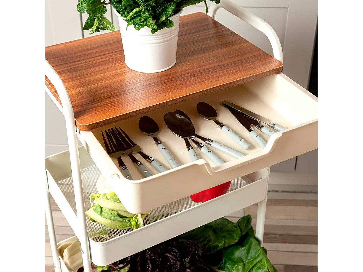 Carrito multiusos Garbo Quid 3 niveles con ruedas blanco/natural 75x46,5x30,5 cm