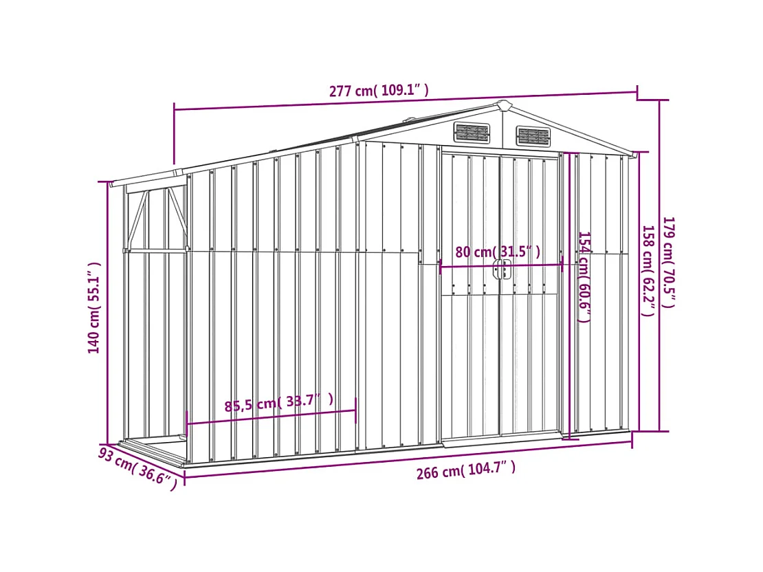 Abri de jardin gris 277x93x179 cm acier galvanisé
