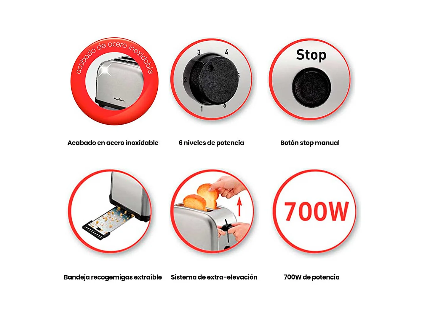 Tostador Moulinex Classic LT330D11 700W 2 ranuras 6 niveles inox