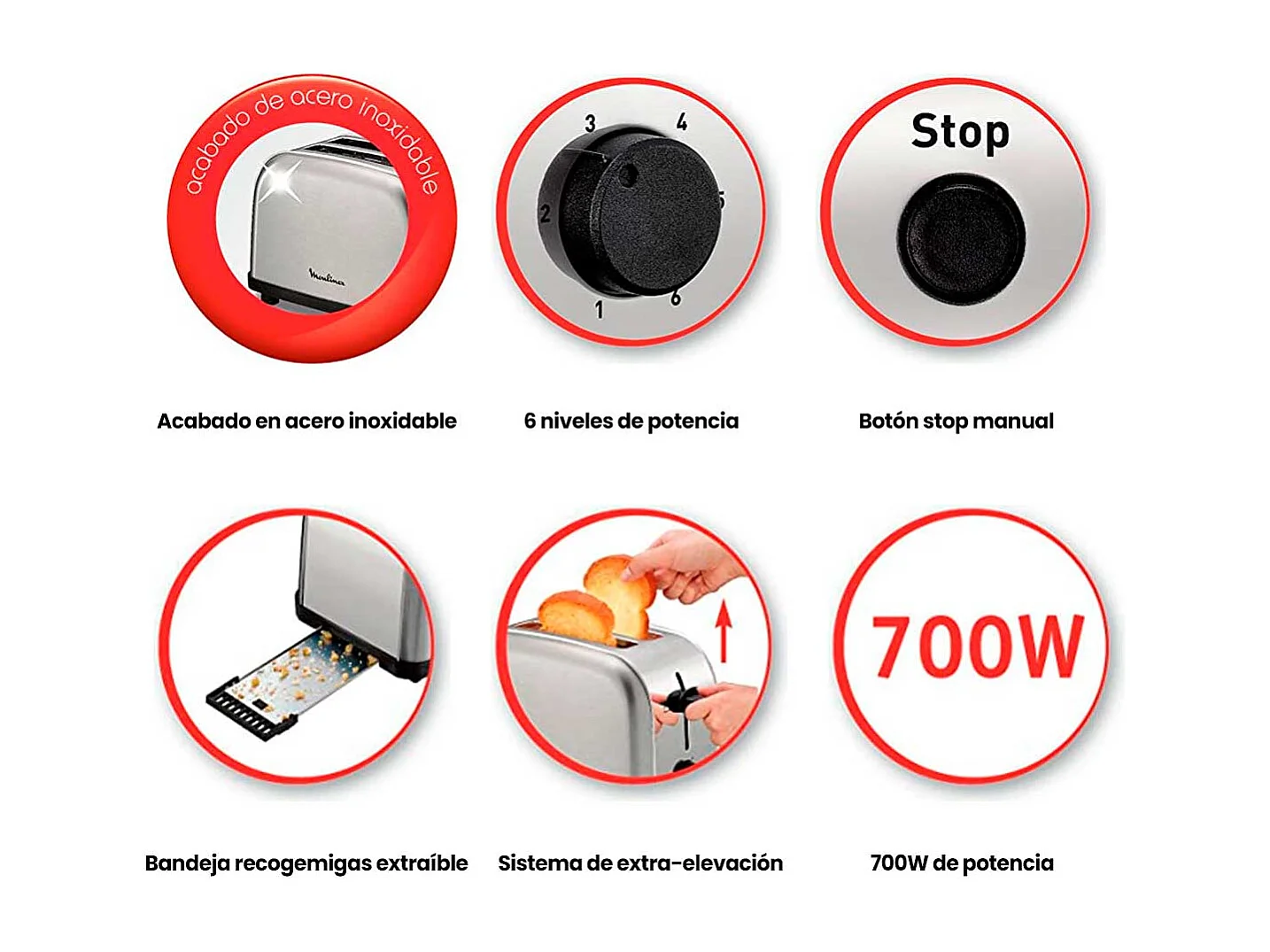 Tostador Moulinex Classic LT330D11 700W 2 ranuras 6 niveles inox