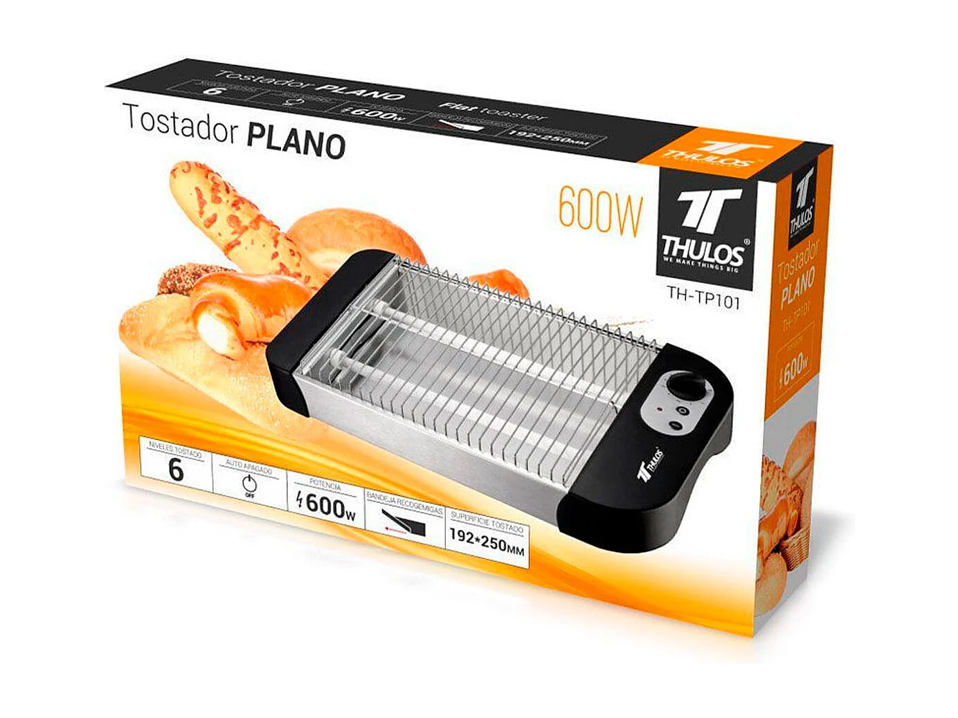 Tostador plano Thulos TH-TP101 600W 6 niveles negro