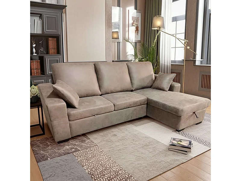 Sofá chaiselongue Corea 3 plazas reversible con arcón y reposapiés extraíble cemento 95x248x156 cm