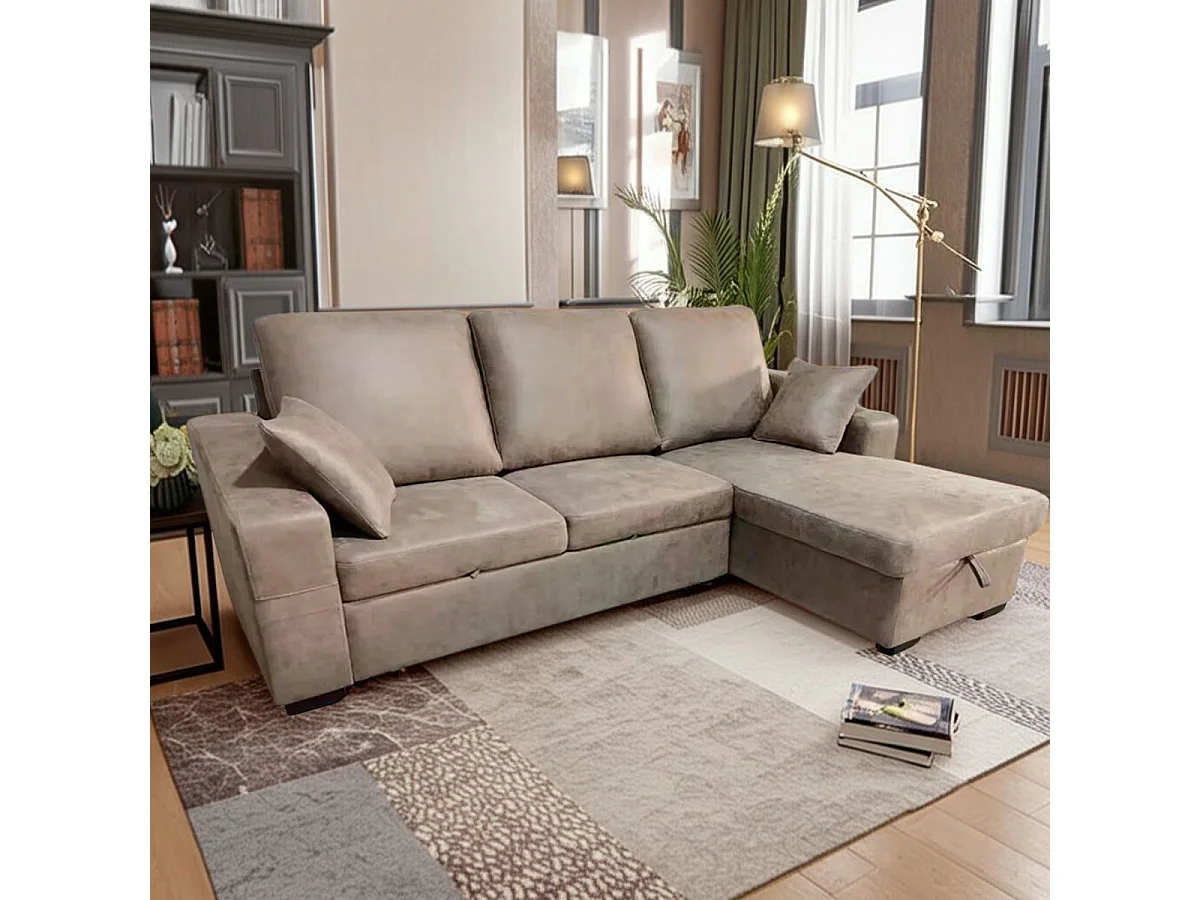 Sofá chaiselongue Corea 3 plazas reversible con arcón y reposapiés extraíble cemento 95x248x156 cm