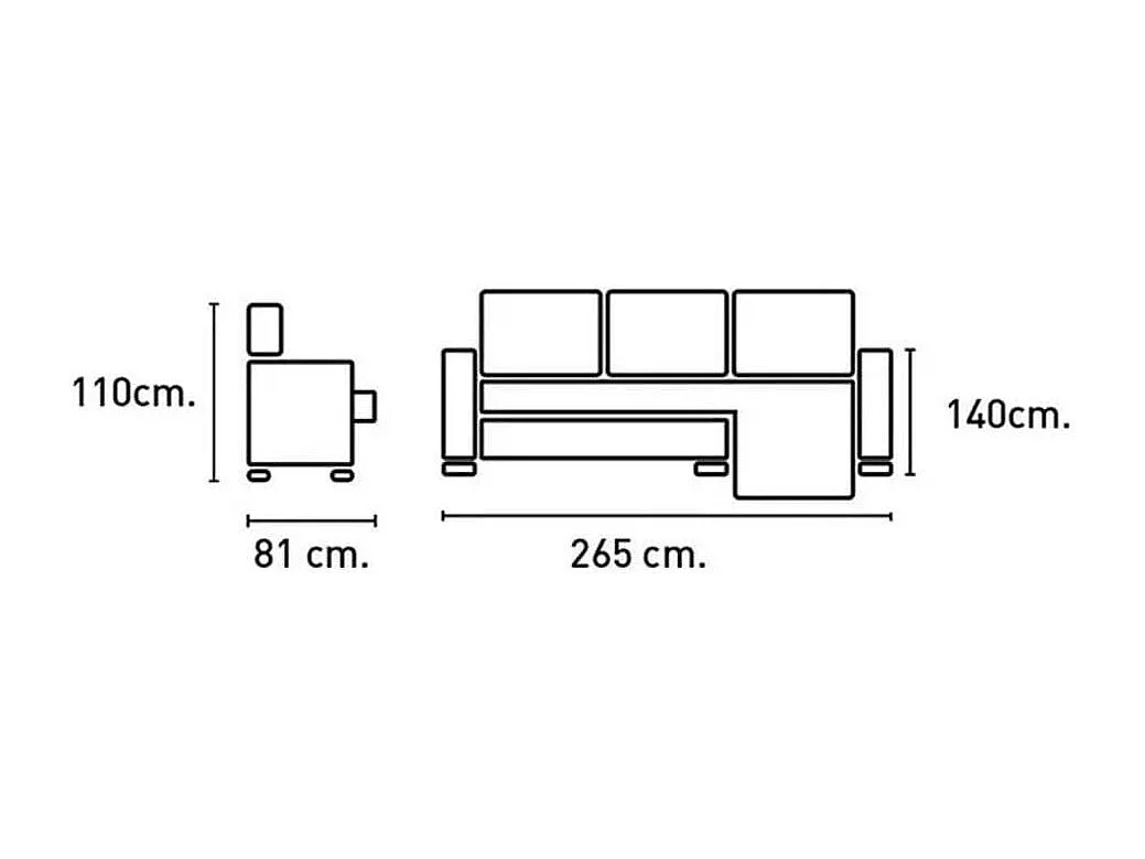 Sofá chaiselongue Ares 3 plazas con arcón y 2 taburetes tela nevada gris frente derecha
