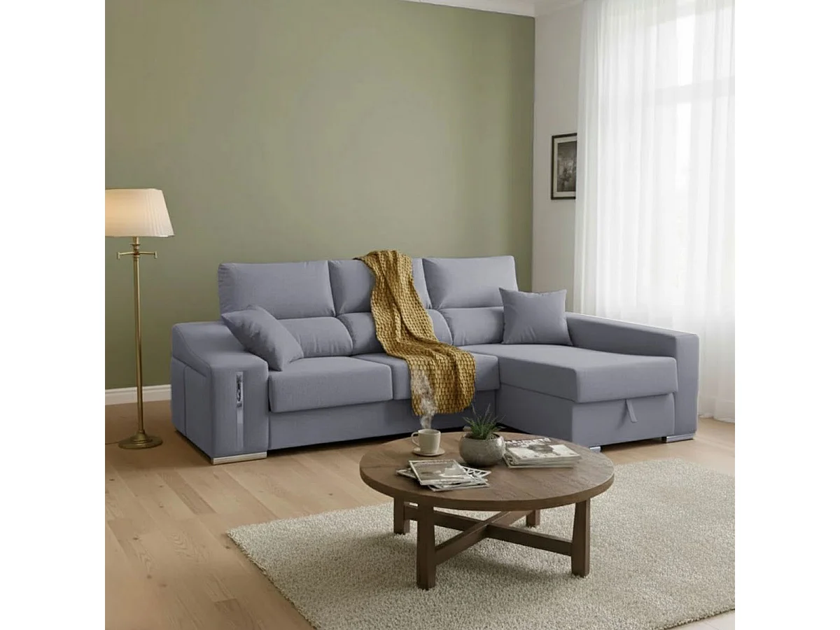 Sofá chaiselongue Ares 3 plazas con arcón y 2 taburetes tela nevada gris frente derecha