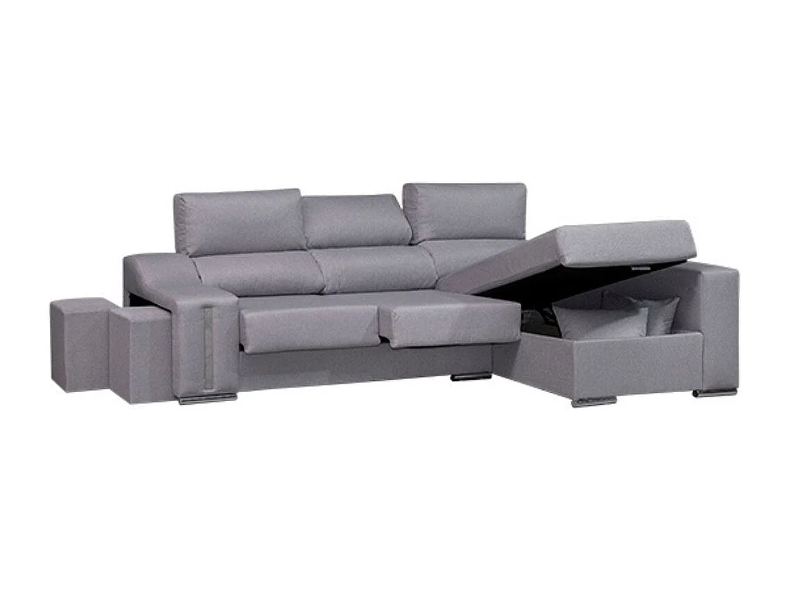 Sofá chaiselongue Ares 3 plazas con arcón y 2 taburetes tela nevada gris frente derecha