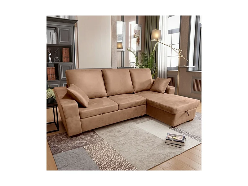 Sofá chaiselongue Corea 3 plazas reversible con arcón y reposapiés extraíble piedra 95x248x156 cm