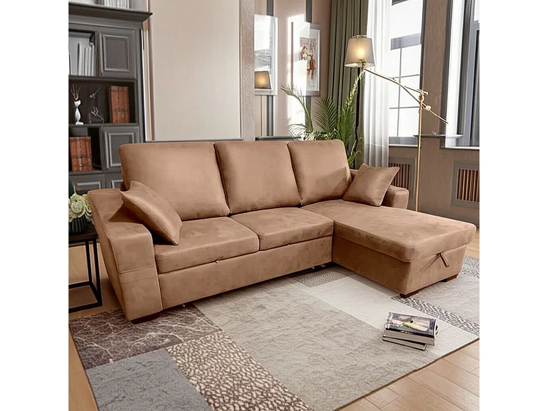 Sofá chaiselongue Corea 3 plazas reversible con arcón y reposapiés extraíble piedra 95x248x156 cm