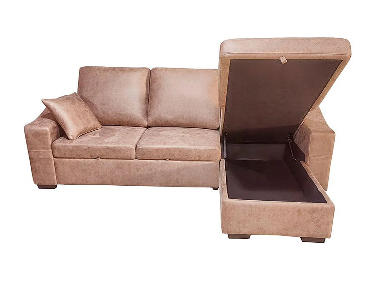Sofá chaiselongue Corea 3 plazas reversible con arcón y reposapiés extraíble piedra 95x248x156 cm