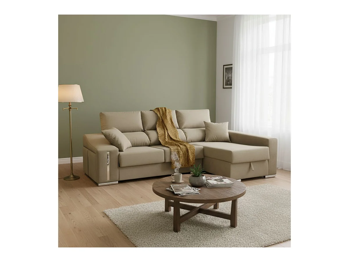 Sofá chaiselongue Ares 3 plazas con arcón y 2 taburetes tela nevada beige frente derecha