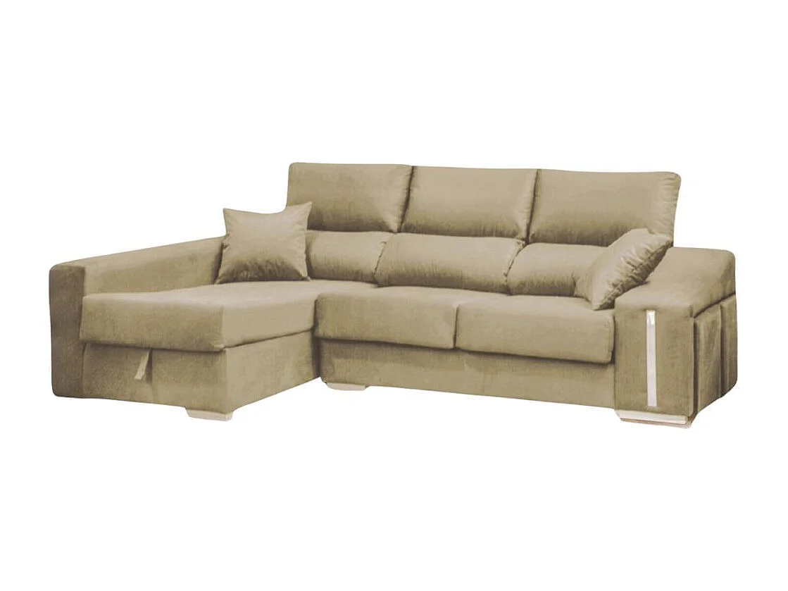 Sofá chaiselongue Ares 3 plazas con arcón y 2 taburetes tela nevada beige frente derecha