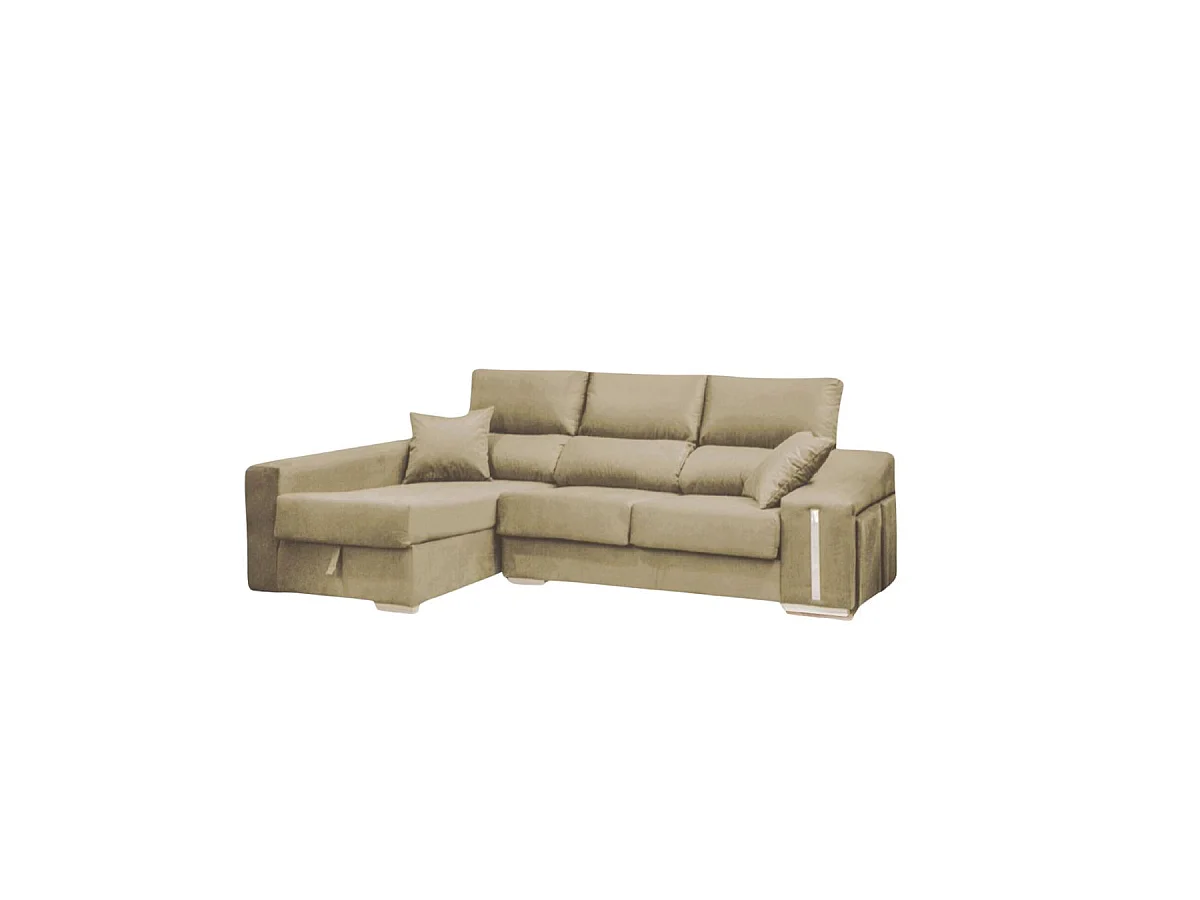 Sofá chaiselongue Ares 3 plazas con arcón y 2 taburetes tela nevada beige frente derecha